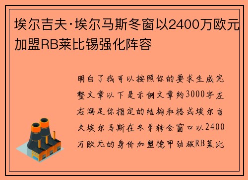 埃尔吉夫·埃尔马斯冬窗以2400万欧元加盟RB莱比锡强化阵容
