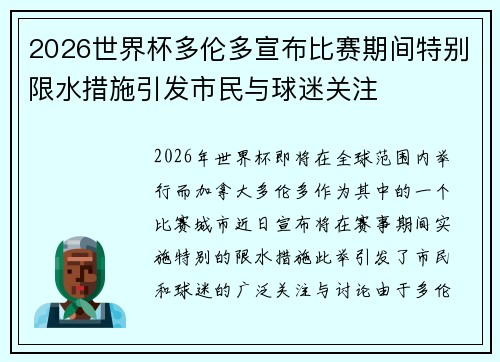 2026世界杯多伦多宣布比赛期间特别限水措施引发市民与球迷关注