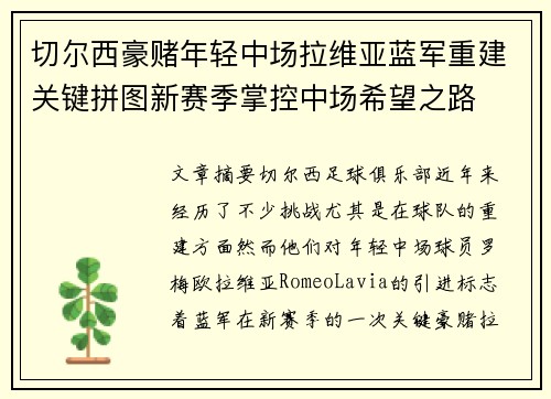 切尔西豪赌年轻中场拉维亚蓝军重建关键拼图新赛季掌控中场希望之路 切尔西豪赌年轻中场拉维亚蓝军重建关键拼图新赛季掌控中场希望之路